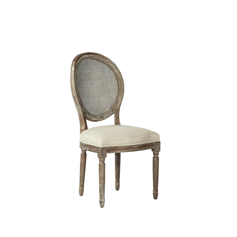 Beige Linen Upholstered Oak Side Chair with Rattan Back
