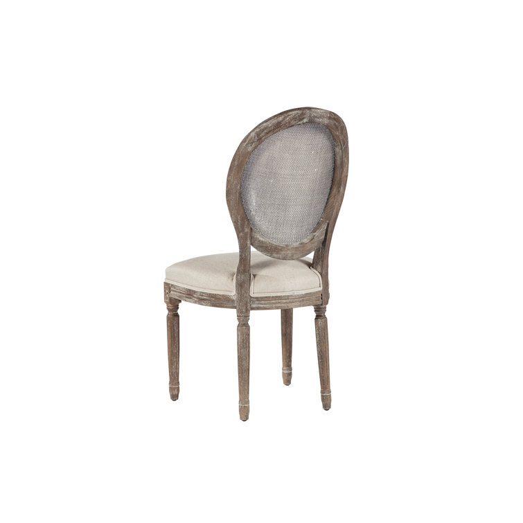 Beige Linen Upholstered Oak Side Chair with Rattan Back