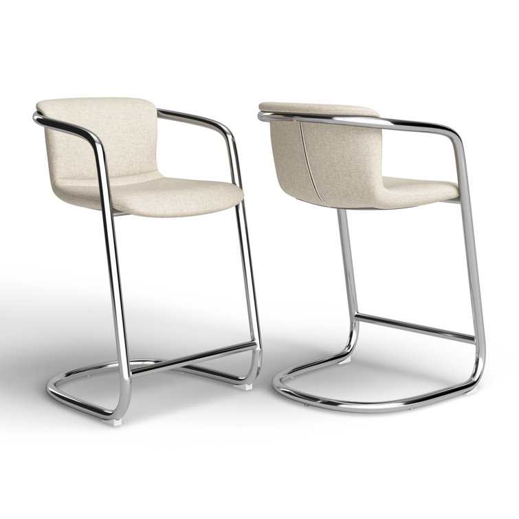 Cream and Silver Upholstered Counter Stools with Iron Frame