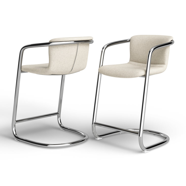 Cream and Silver Upholstered Counter Stools with Iron Frame