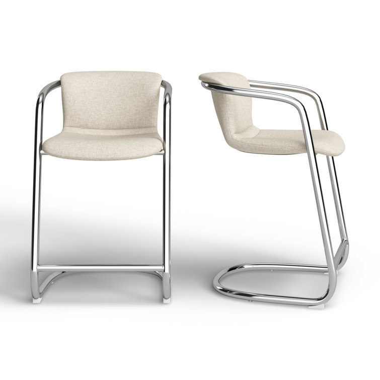 Cream and Silver Upholstered Counter Stools with Iron Frame