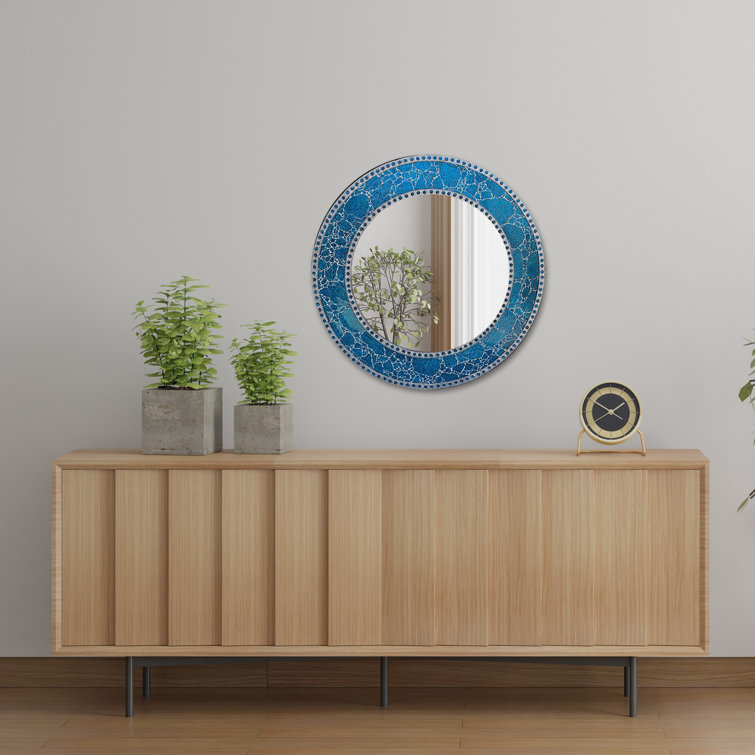 24-Inch Round Blue Crackled Glass Mosaic Wall Mirror