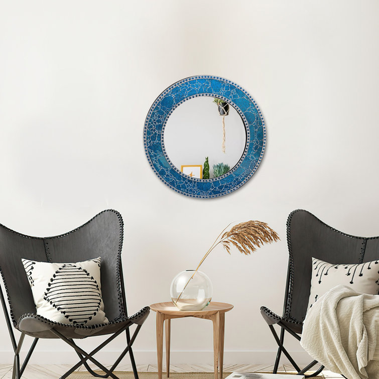 24-Inch Round Blue Crackled Glass Mosaic Wall Mirror
