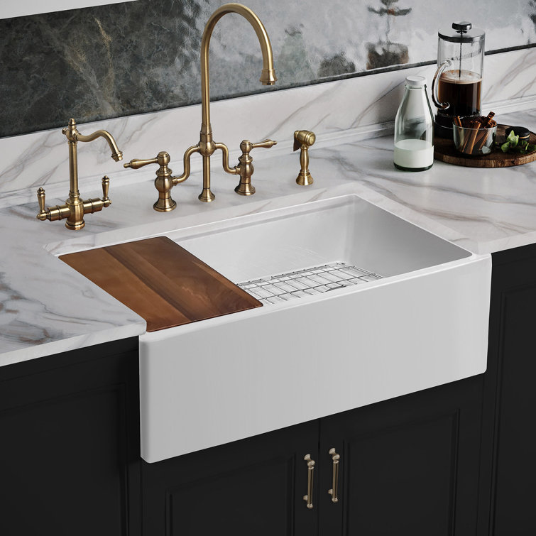 White Fireclay Farmhouse Single Bowl Kitchen Sink with Walnut Cutting Board
