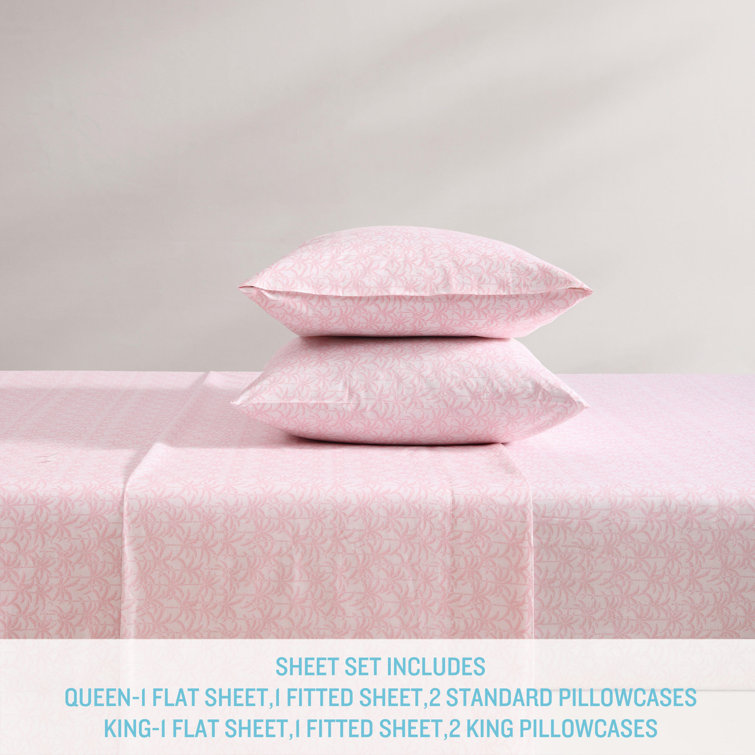 King Pink Cotton Percale Printed Sheet Set