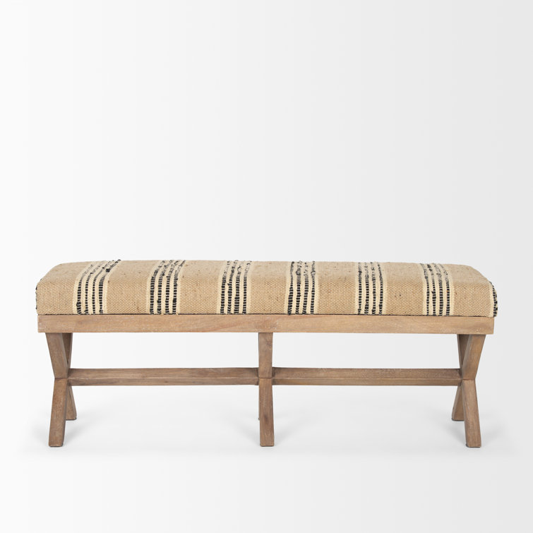 Solis Medium Brown Mango Wood Base with Beige & Black Striped Cushion Accent Bench