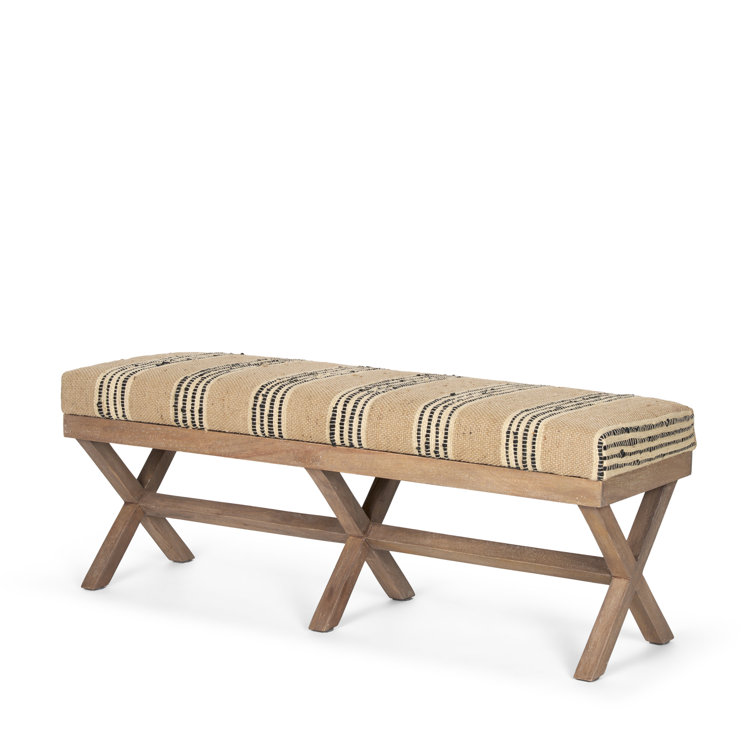 Solis Medium Brown Mango Wood Base with Beige & Black Striped Cushion Accent Bench