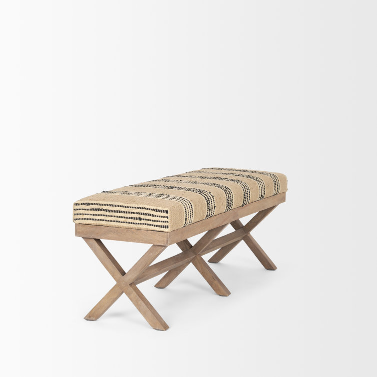 Solis Medium Brown Mango Wood Base with Beige & Black Striped Cushion Accent Bench