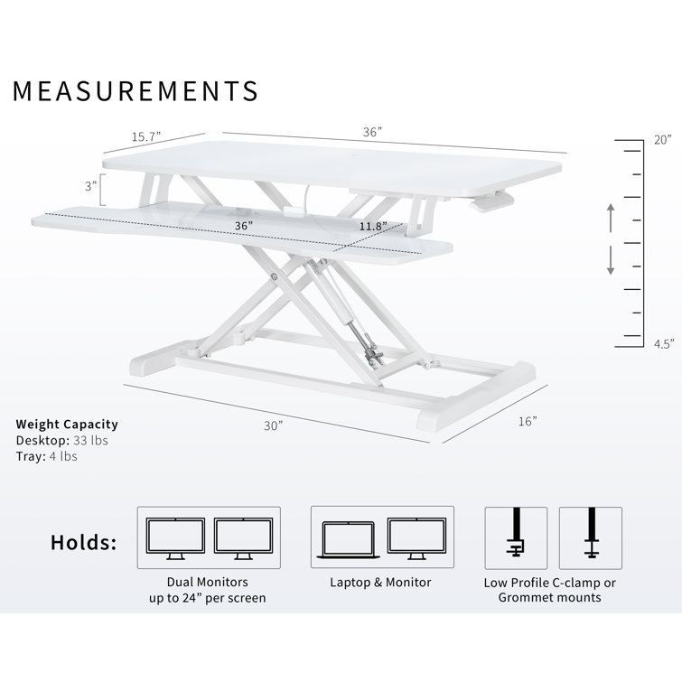 Elevate 36" White Pneumatic Standing Desk Converter with Removable Keyboard Tray