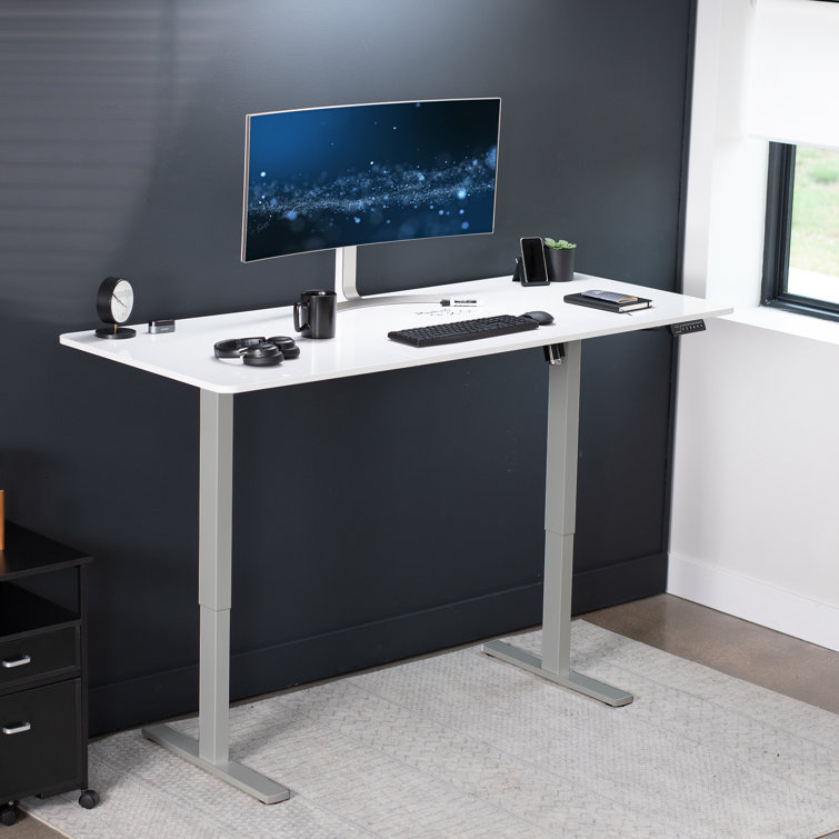 White and Black Adjustable Height Electric Standing Desk with Wood Top