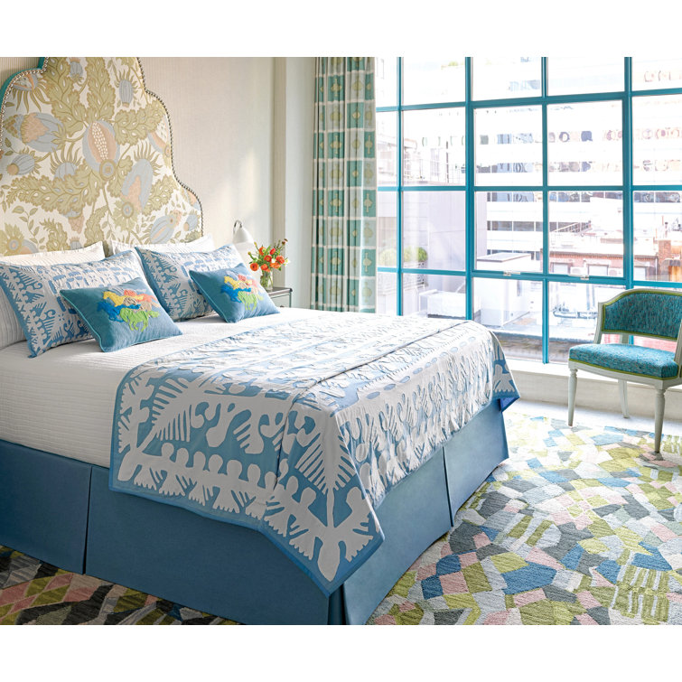 Lapis Blue and White Cotton Standard Sham with Cutwork Design