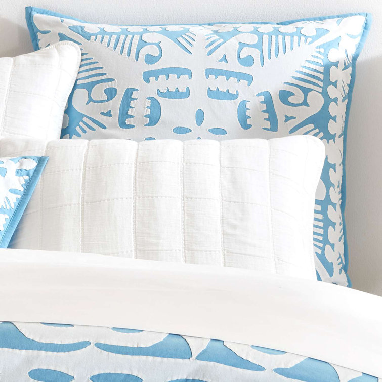 Lapis Blue and White Cotton Standard Sham with Cutwork Design