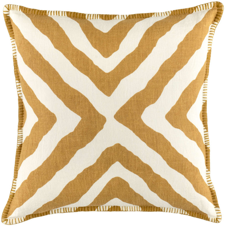 Ochre and White Linen Square Throw Pillow with Feather Fill