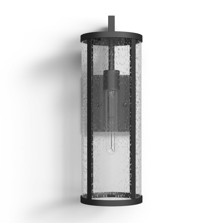 Medium Black Aluminum Cylinder Outdoor Wall Light with Seeded Glass
