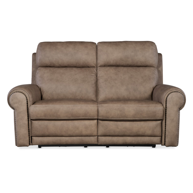 Kalahari Camel Leather Reclining Loveseat with Rolled Arms and Nailhead Trim