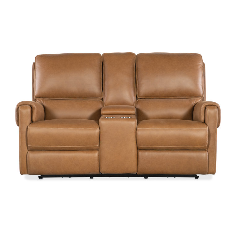 Denver Coffee Leather Reclining Loveseat with Storage and Cup Holders