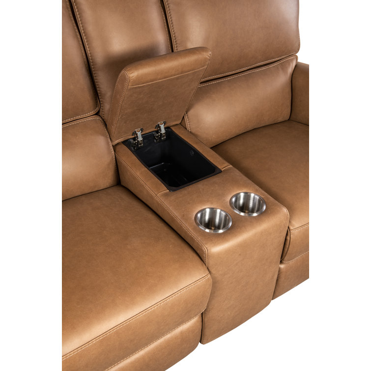 Denver Coffee Leather Reclining Loveseat with Storage and Cup Holders