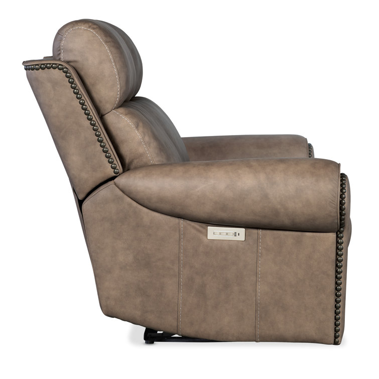 Kalahari Camel Leather Reclining Loveseat with Rolled Arms and Nailhead Trim