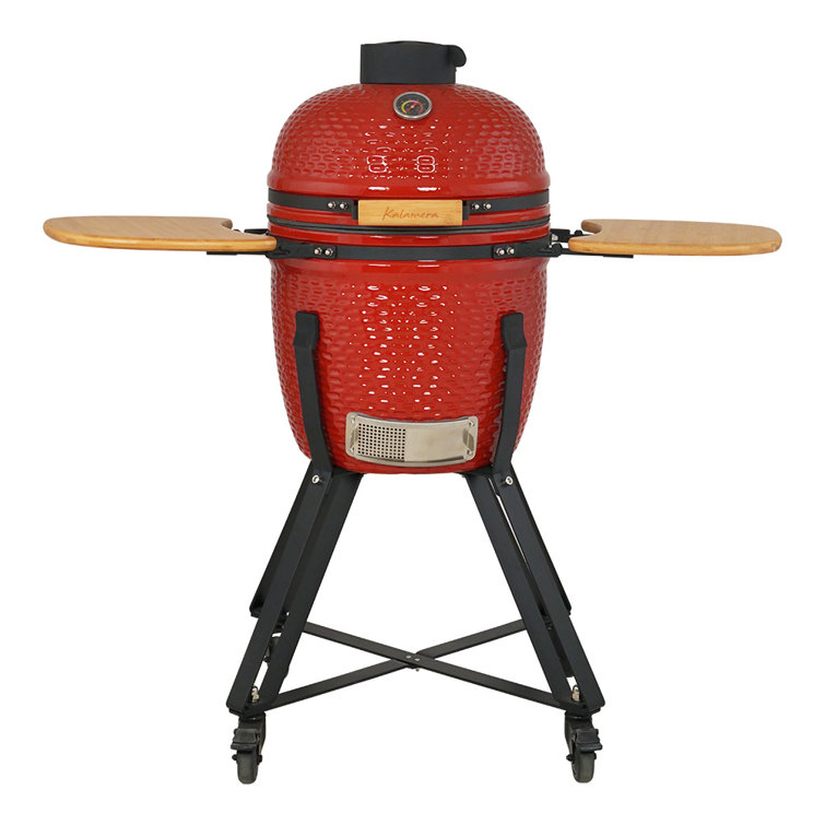 18" Red Ceramic Kamado Charcoal Grill with Folding Shelves