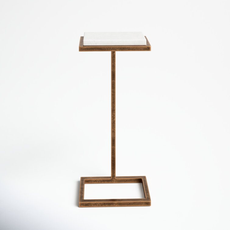 Petite White Stone and Antique Gold Metal Accent Table