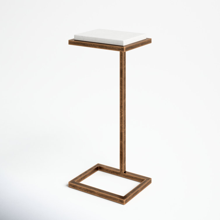 Petite White Stone and Antique Gold Metal Accent Table
