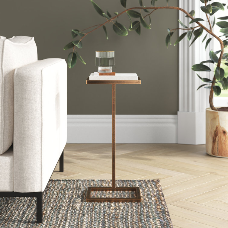 Petite White Stone and Antique Gold Metal Accent Table