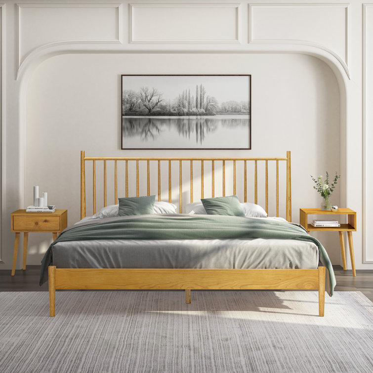 King Rustic Oak Solid Wood Bed Frame with Spindle Headboard