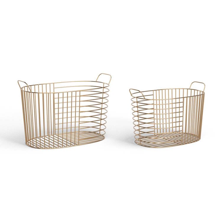 Gold Metal Oval Storage Baskets with Handles - Set of 2