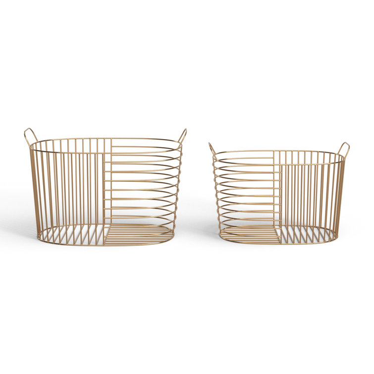 Gold Metal Oval Storage Baskets with Handles - Set of 2