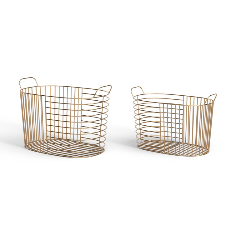 Gold Metal Oval Storage Baskets with Handles - Set of 2