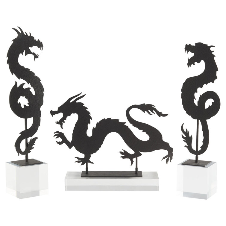 Black Iron Dragon Sculpture on Clear Base