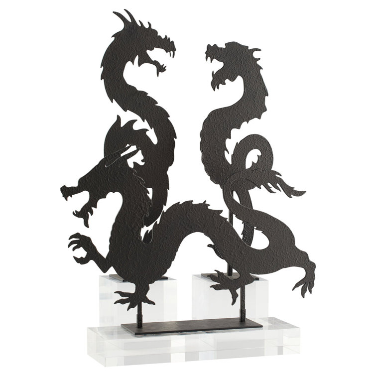 Black Iron Dragon Sculpture on Clear Base