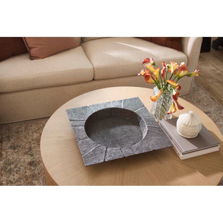 Round Oak and Rattan Outdoor Coffee Table