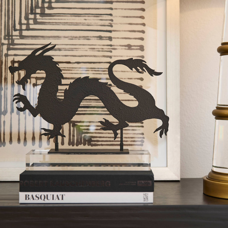 Black Iron Chinoiserie Dragon Sculpture, 16"