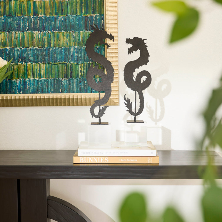 Black Iron Dragon Sculpture on Clear Base