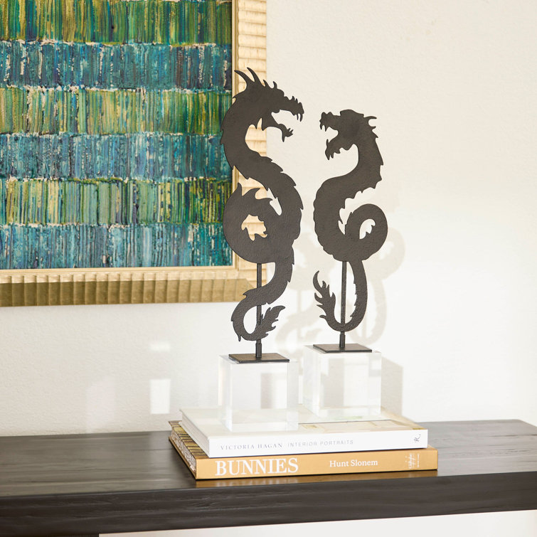 Black Iron Dragon Sculpture on Clear Base