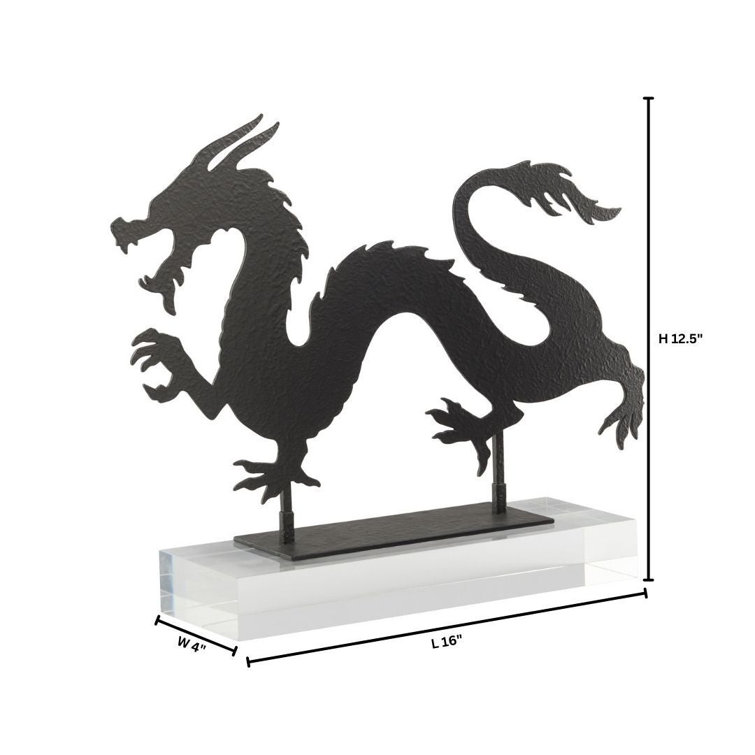Black Iron Chinoiserie Dragon Sculpture, 16"