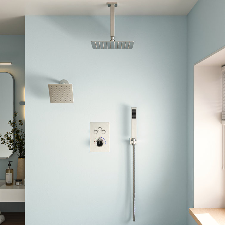 Brushed Nickel 12'' Dual Rainfall Shower System with Thermostatic Valve