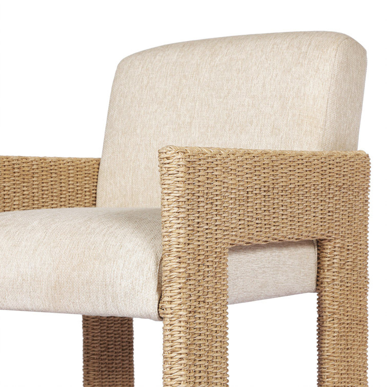 Beige Woven Arm Dining Chair with Cushions
