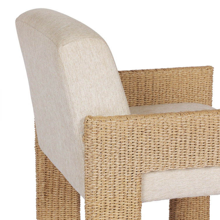 Beige Woven Arm Dining Chair with Cushions
