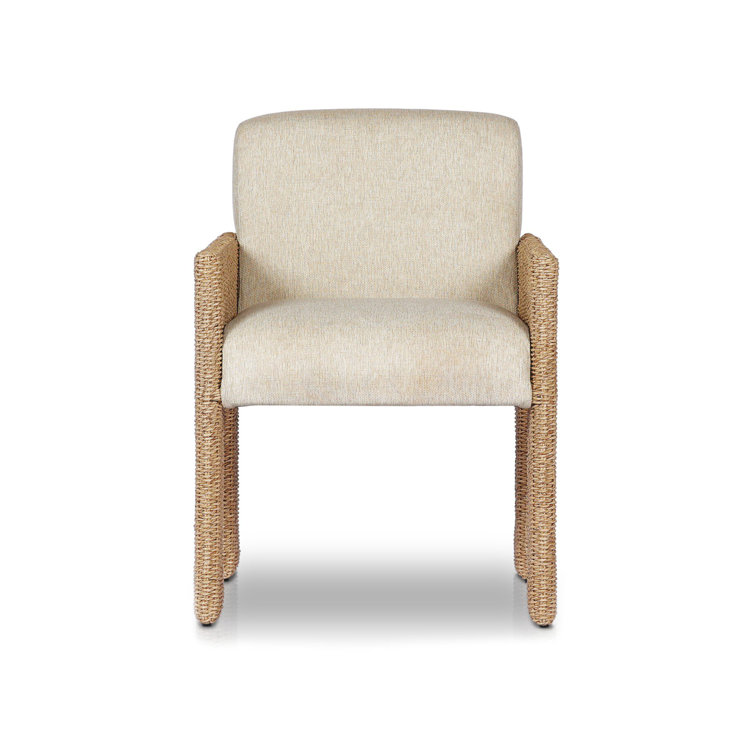 Beige Woven Arm Dining Chair with Cushions