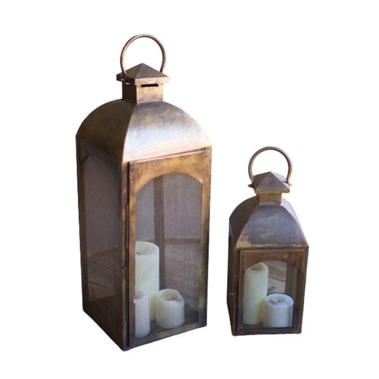 Antique Bronze Distressed Metal 2-Piece Candle Lantern Set