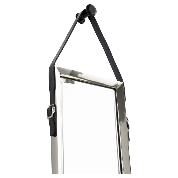 Rectangular Silver Metal Wall Mirror with Leather Strap