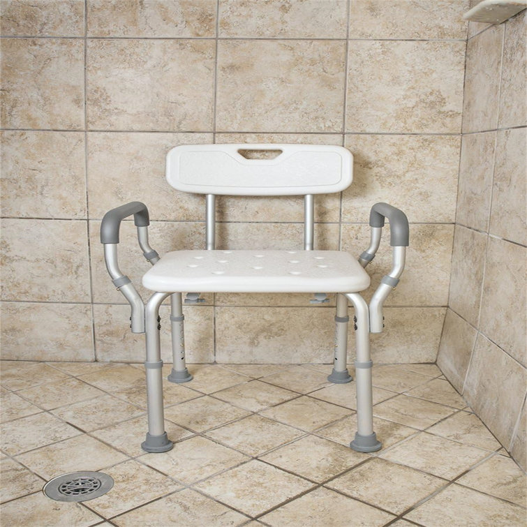 Height Adjustable White Plastic Shower Bench with Padded Arms