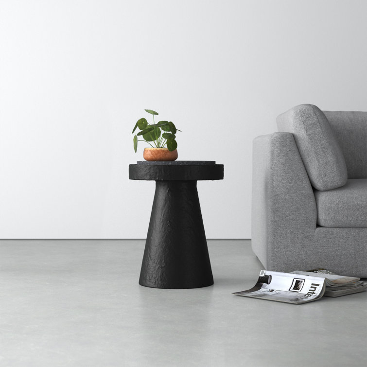 Black Round Stone Pedestal Outdoor Accent Table