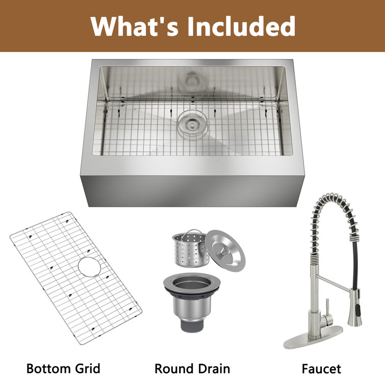 33" Brushed Stainless Steel Farmhouse Kitchen Sink with Faucet