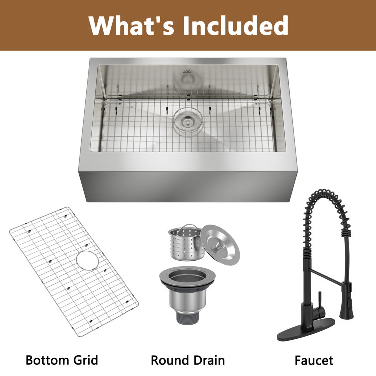 33" Brushed Stainless Steel Farmhouse Kitchen Sink with Matte Black Faucet