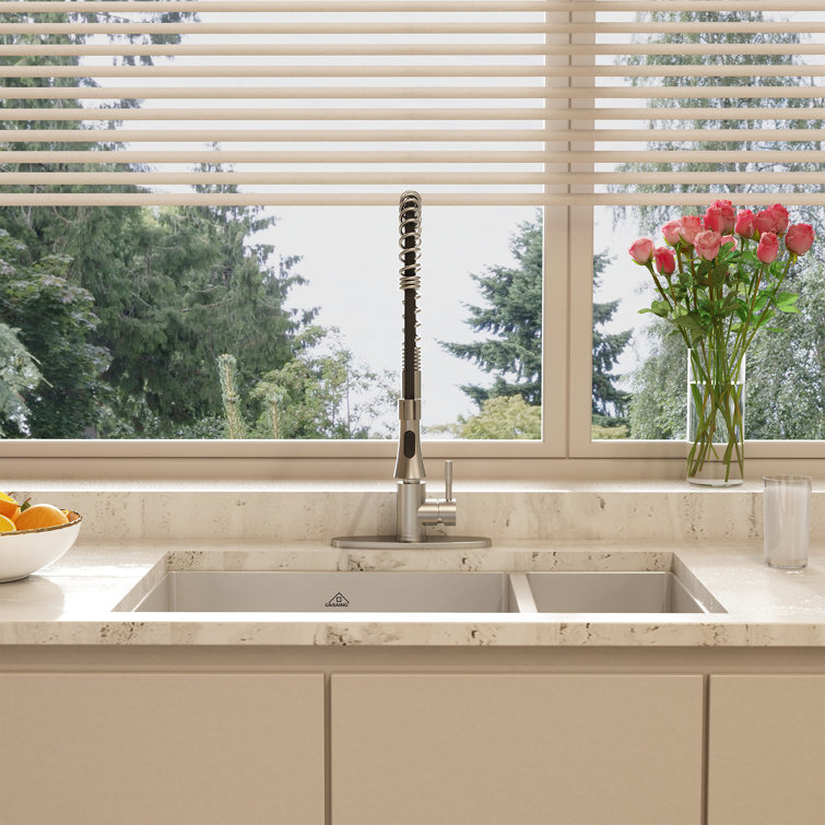 32" Satin Stainless Steel Undermount Double Bowl Kitchen Sink with Faucet