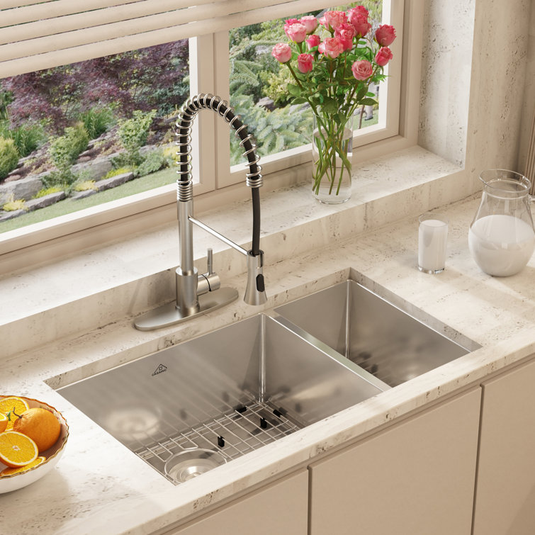 32" Satin Stainless Steel Undermount Double Bowl Kitchen Sink with Faucet