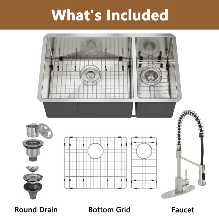 32" Satin Stainless Steel Undermount Double Bowl Kitchen Sink with Faucet
